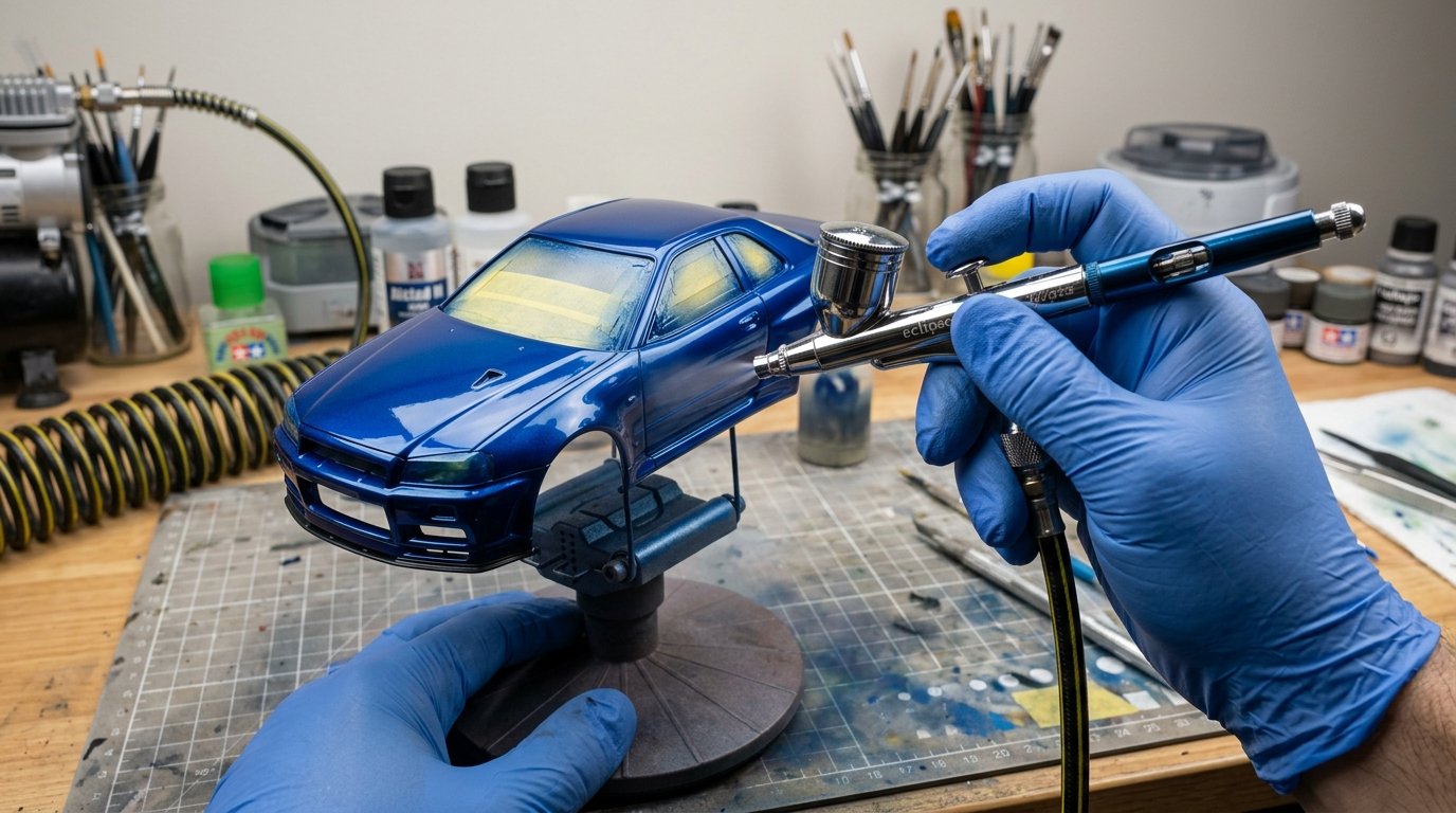 Pintura brilhante com aerógrafo da carroceria de um carro