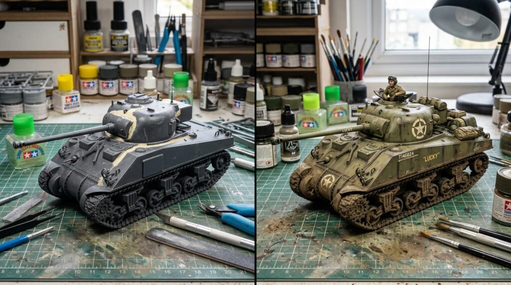Comparação antes e depois da pintura de modelos: à esquerda um tanque de plastimodelismo apenas montado em plástico cinza, e à direita o mesmo tanque totalmente pintado e envelhecido.