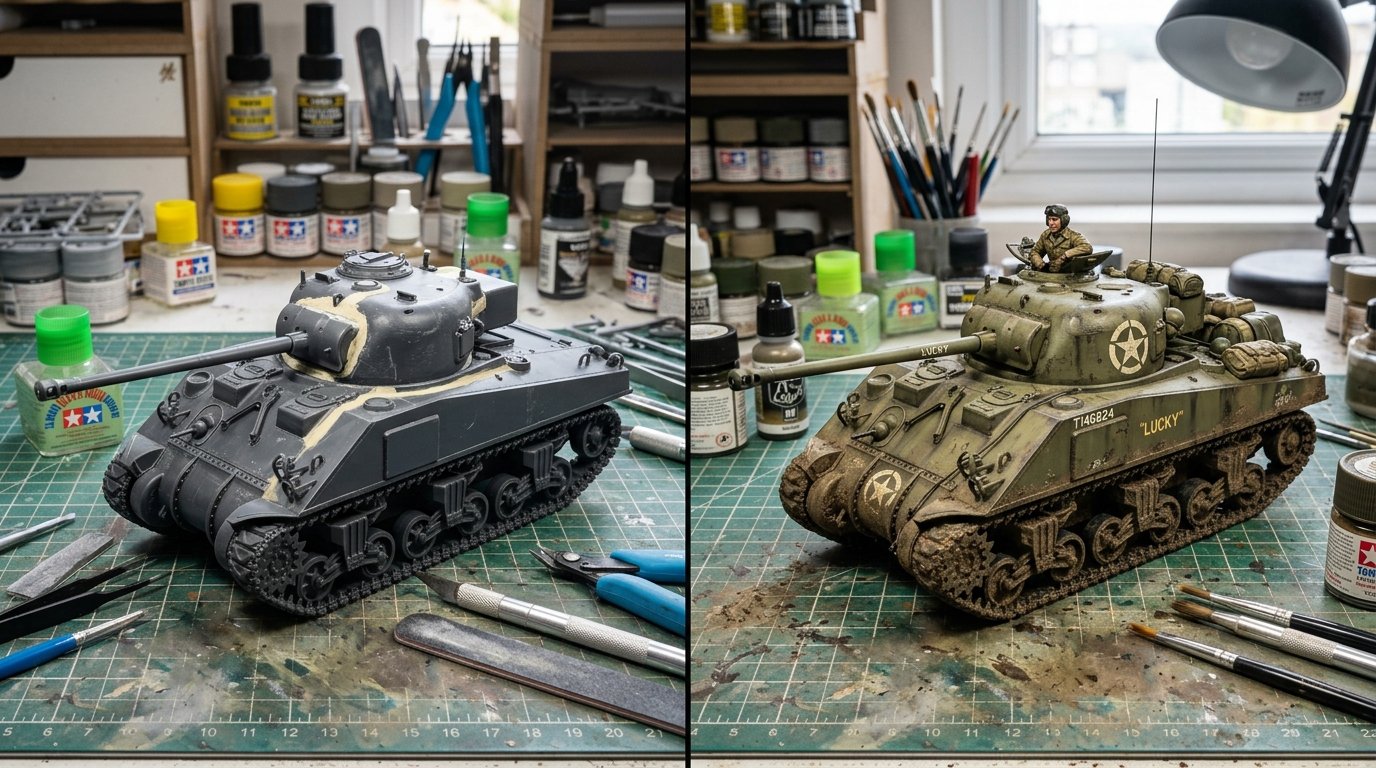 Comparação antes e depois da pintura de modelos: à esquerda um tanque de plastimodelismo apenas montado em plástico cinza, e à direita o mesmo tanque totalmente pintado e envelhecido.