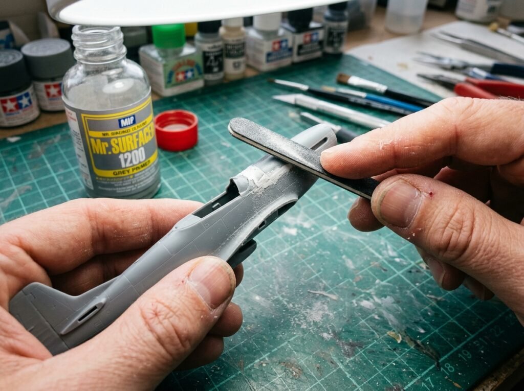 antes do processo de pintura Mãos de modelista lixando as emendas de um avião de plástico com lixa fina e massa putty antes de aplicar o primer.