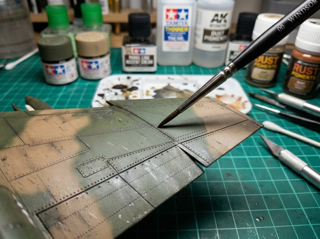 Processo de pintura, Pincel fino aplicando técnica de wash escuro nas linhas de painel e rebites da asa de um caça em miniatura para dar realismo