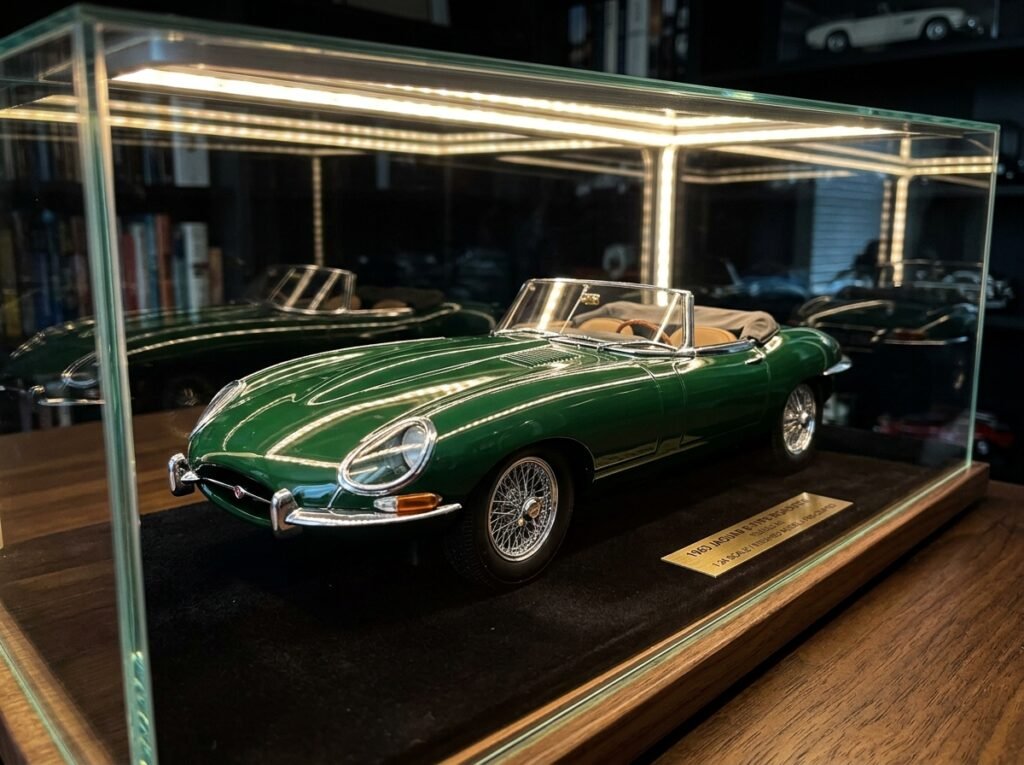 após o processo de pintura, Carro de plastimodelismo finalizado e brilhante após aplicação de verniz, exposto de forma protegida dentro de uma vitrine de vidro com luzes LED.