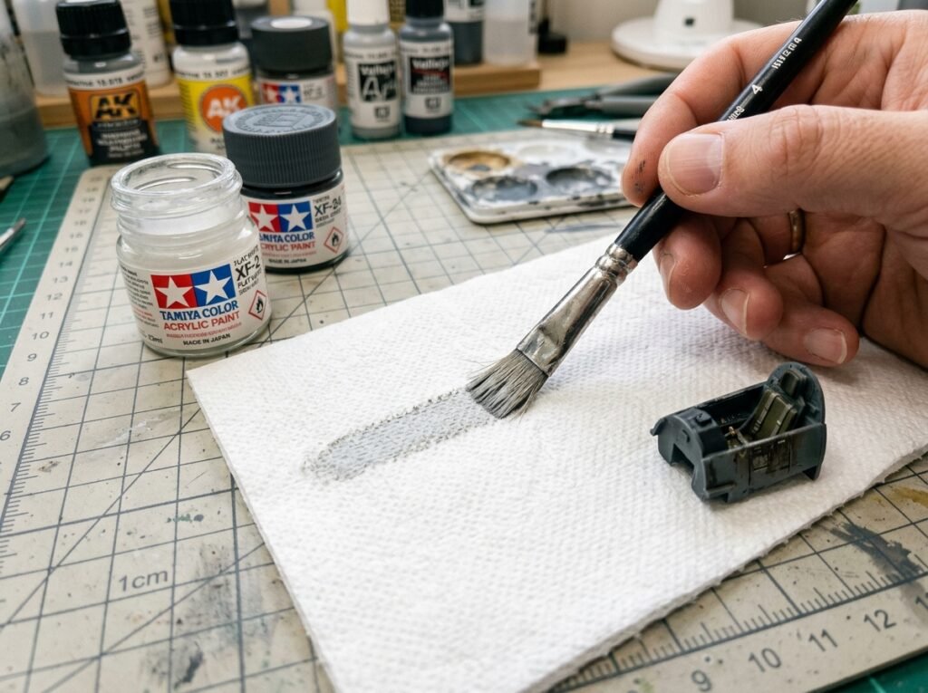 Mão de modelista esfregando um pincel plano em papel toalha para remover o excesso de tinta e deixá-lo seco para a técnica. Dry Brush para Plastimodelismo