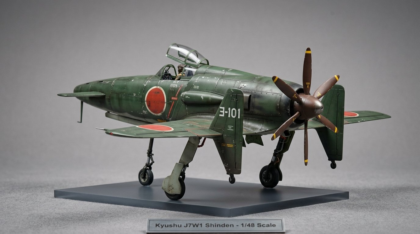 Modelo finalizado do Kyushu J7W1 Shinden Hasegawa 1/48 em fundo neutro.