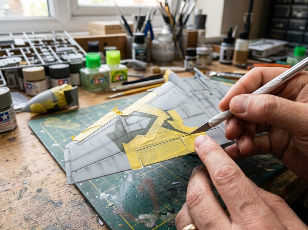 Detalhe de fita de mascaramento amarela aplicada na asa de um avião de plastimodelismo para criar camuflagem com linhas nítidas.