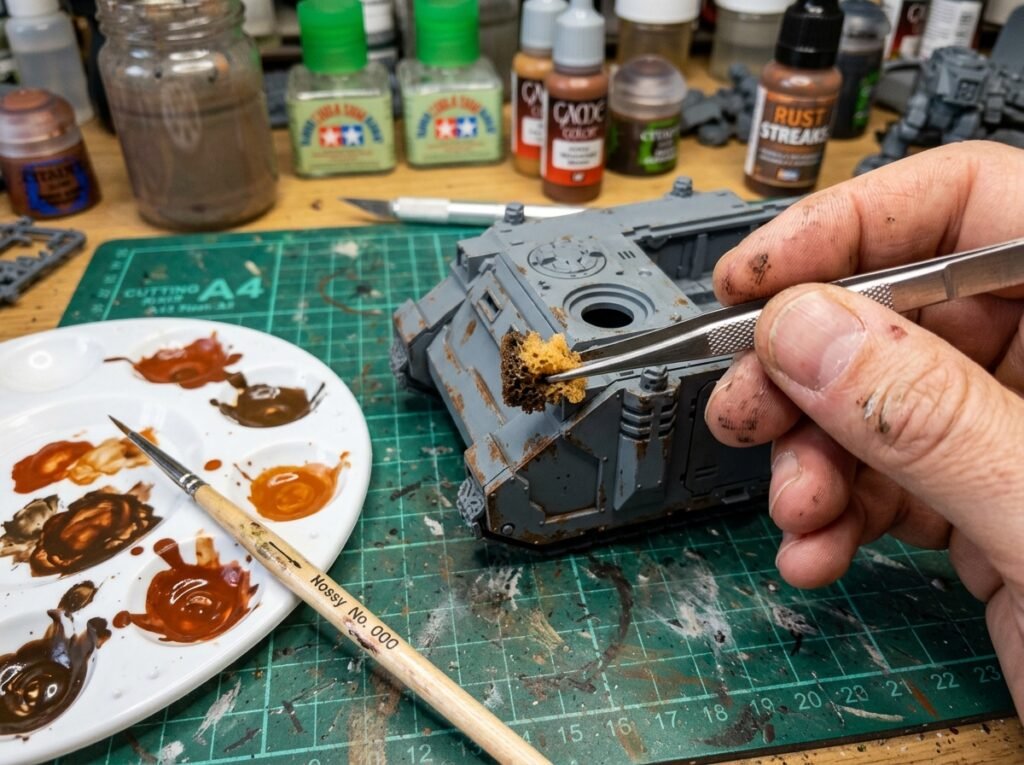 Mão de modelista usando pinça e pedaço de esponja para aplicar tinta marrom simulando pontos de ferrugem na quina de uma peça cinza. Efeito de ferrugem