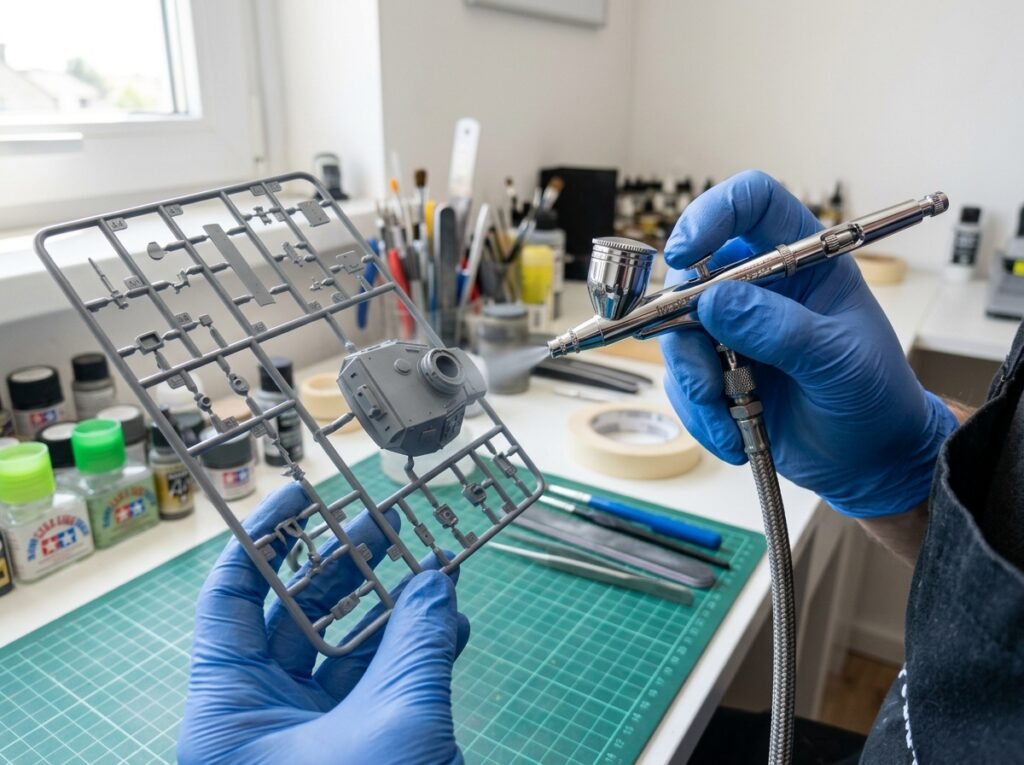 Close-up de aerógrafo aplicando uma névoa fina, fluida e perfeitamente uniforme de tinta cinza diluída sobre peças plásticas de uma maquete. Diluir Tintas no Plastimodelismo