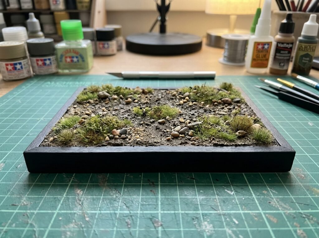 Base de diorama simples finalizada na bancada com textura de terra, pequenas pedras e grama artificial rasteira.