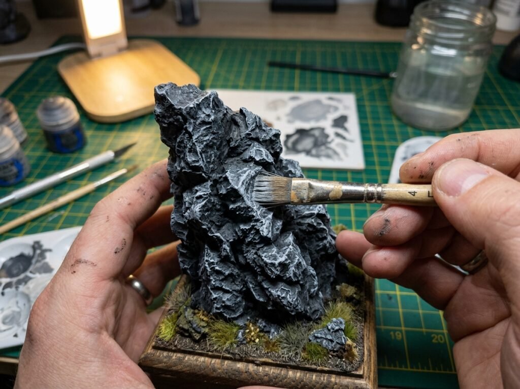 Pincel aplicando dry brush para o terreno realista para plastimodelismo