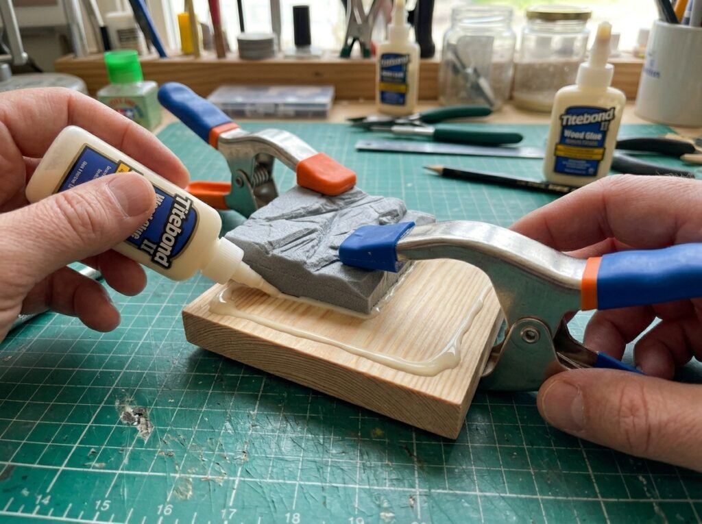 Mãos de modelista colando e prendendo um bloco de espuma esculpido sobre uma placa de madeira para fixar a base de diorama simples