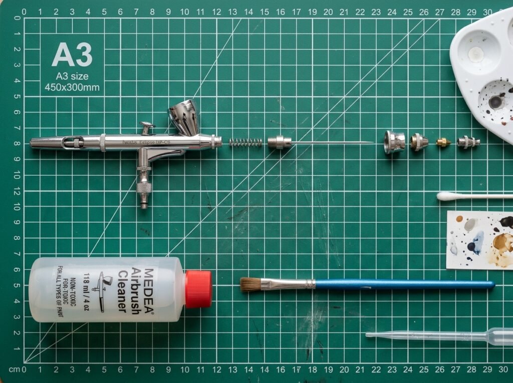 Peças metálicas de um aerógrafo desmontado organizadas para limpeza sobre base de corte verde com ferramentas de manutenção.