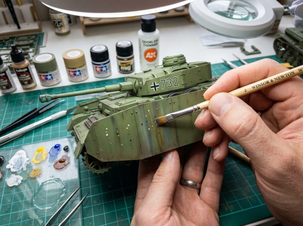 Pincel chato esfumando verticalmente pequenos pontos de tinta a óleo colorida na lateral de um tanque para criar efeito de desbotamento, weathering para tanques