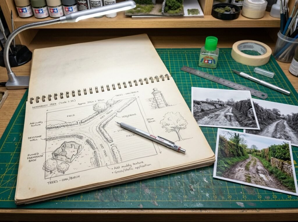 Caderno de desenho com esboços e esquemas de layout para planejar uma base de diorama simples ao lado de fotos de referência.