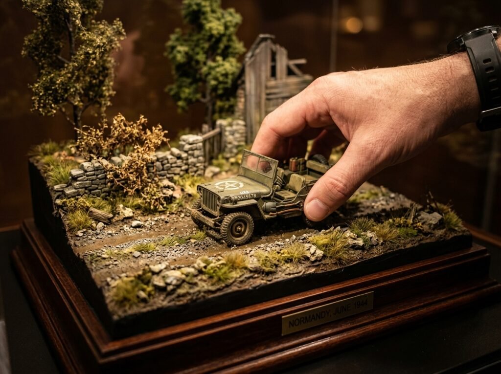 Toques finais na base de diorama simples com o posicionamento cuidadoso de elementos para simular uma cena realística.