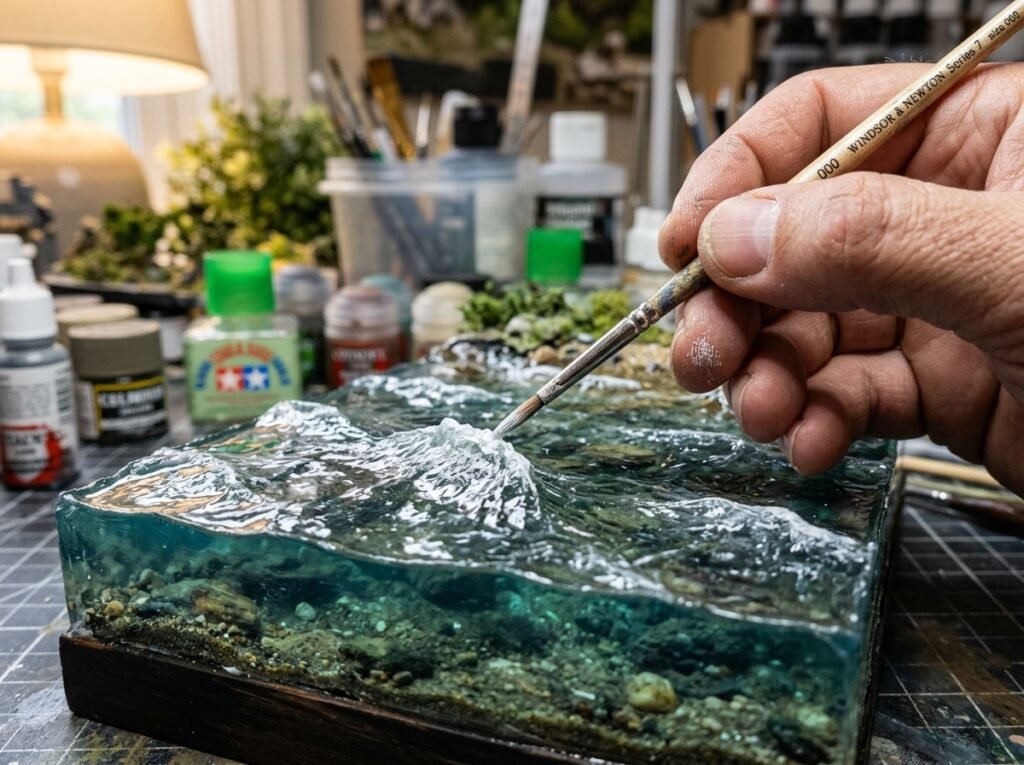 Pintura pincel para efeito de água realista no plastimodelismo