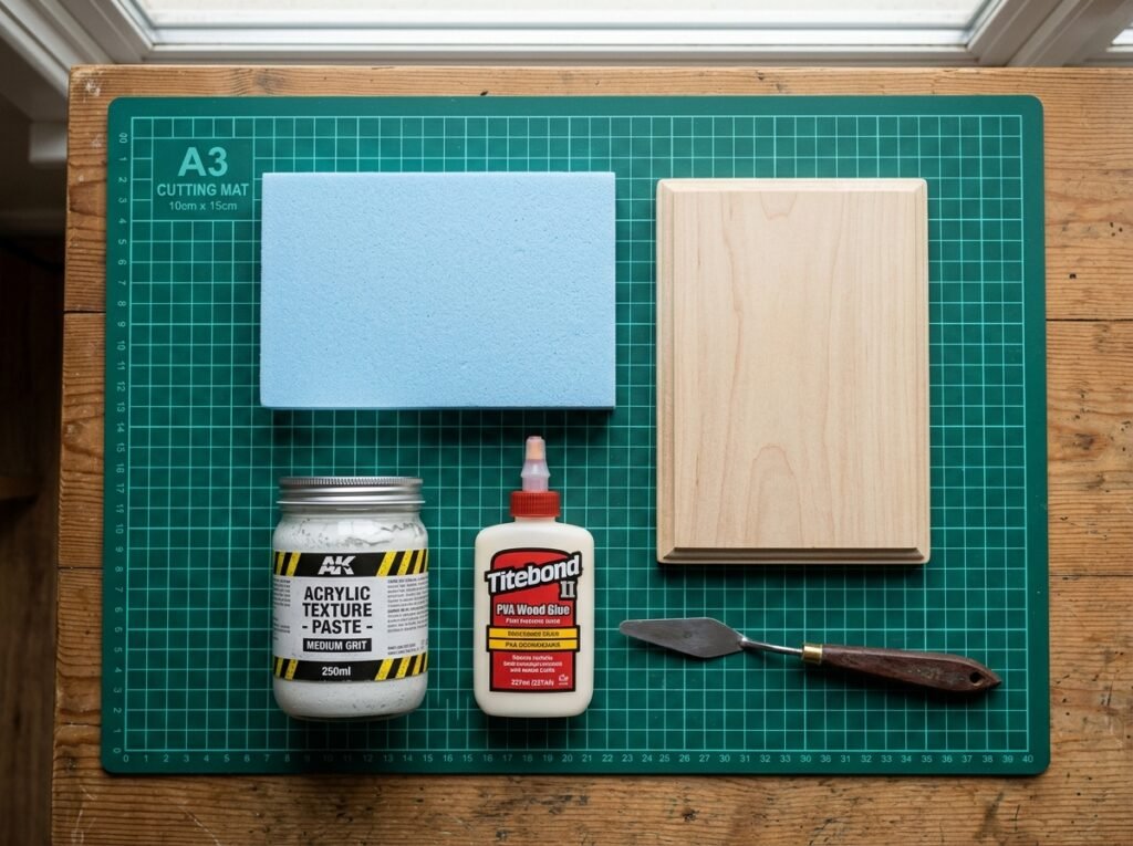Materiais básicos na bancada: bloco de espuma de poliestireno azul, base de madeira, cola branca e massa de textura. Para uma base de diorama simples