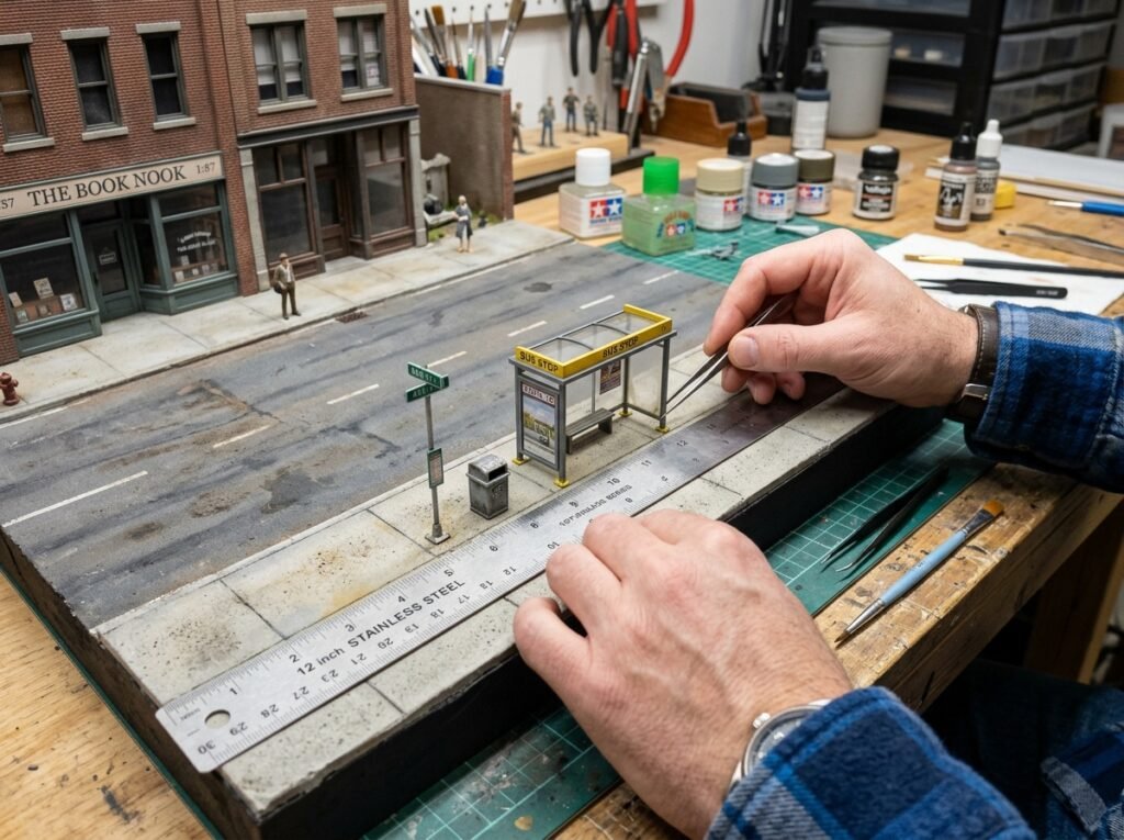 Composição de cenários dioramas urbanos no plastimodelismo