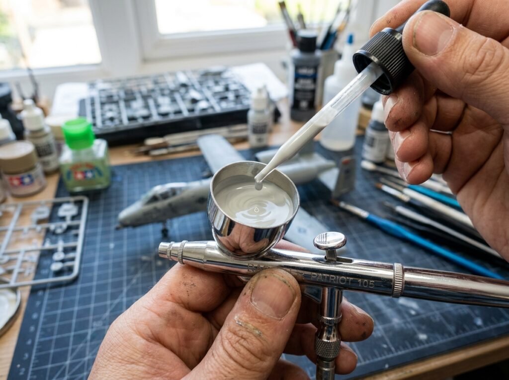 Mão de modelista usando conta-gotas para colocar tinta acrílica diluída com consistência de leite no copoMão de modelista usando conta-gotas para colocar tinta acrílica diluída com consistência de leite no copo de um aerógrafo cromado. de um aerógrafo cromado.