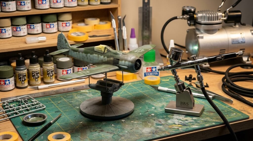 Bancada de plastimodelismo com modelo de avião militar em escala sendo pintado. Aerografia para iniciantes
 