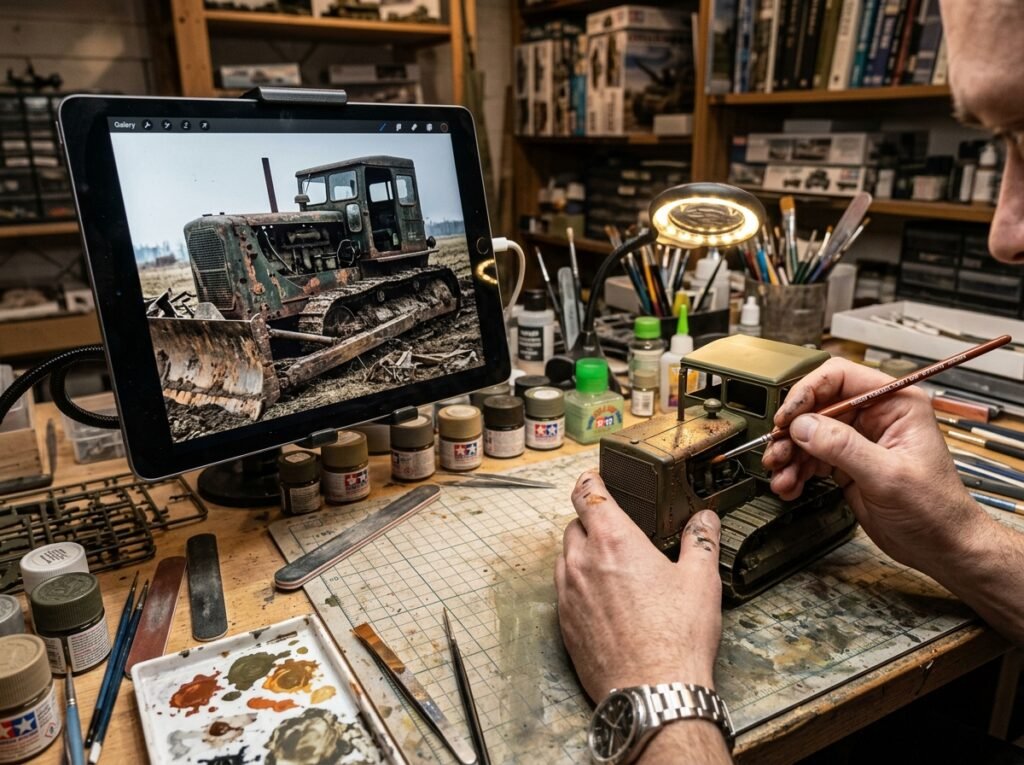 Bancada de trabalho mostrando um tablet com foto de referência histórica de um veículo real desgastado ao lado de peças de plastimodelismo em pintura. Efeito de chipping fácil