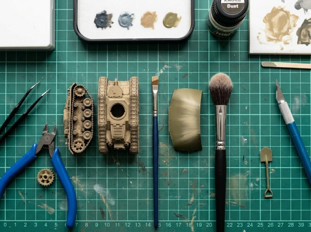Diferentes tipos de pincéis usados para dry brush para plastimodelismo organizados sobre uma base de corte ao lado de peças de plástico pintadas.