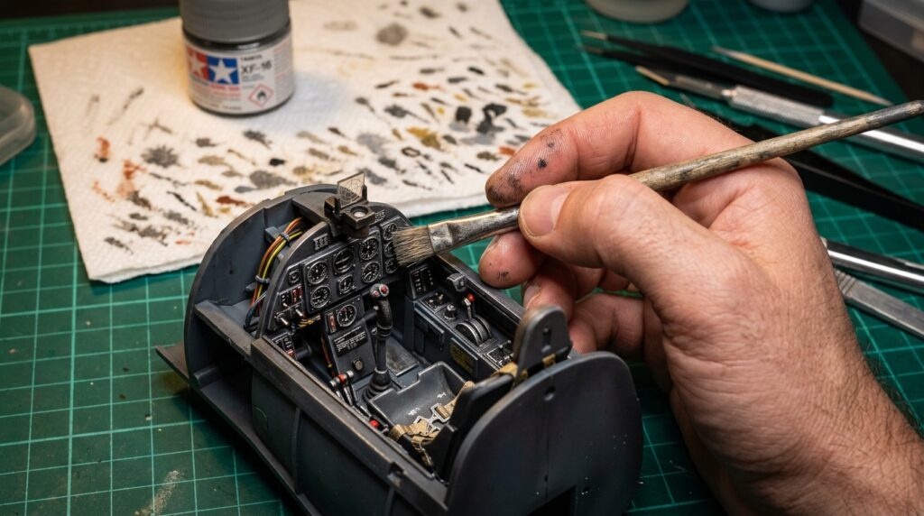 Pincel seco com tinta prata aplicando a técnica de dry brush para plastimodelismo nos relevos e botões do painel de instrumentos de um avião em miniatura