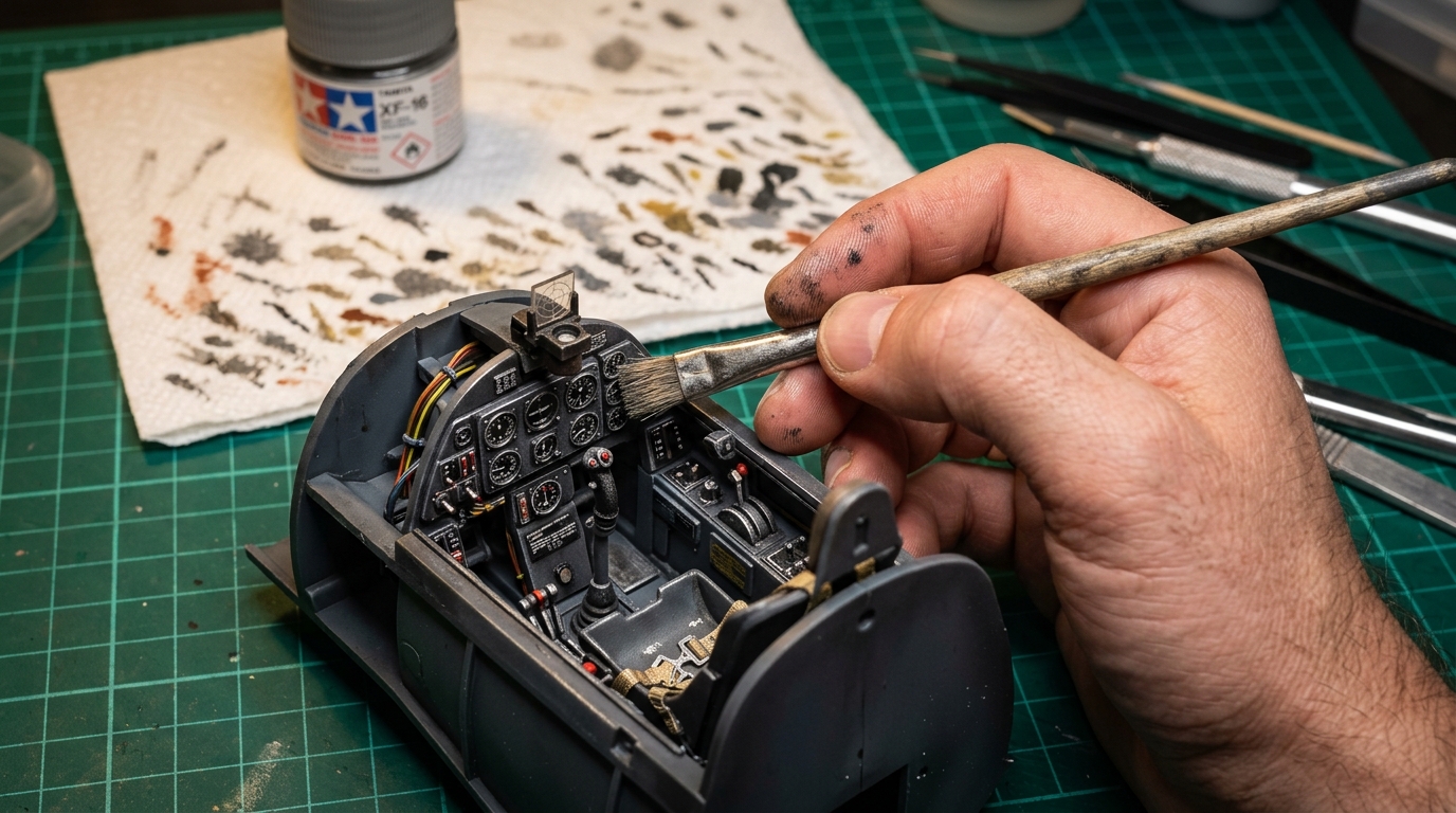 Pincel seco com tinta prata aplicando a técnica de dry brush para plastimodelismo nos relevos e botões do painel de instrumentos de um avião em miniatura
