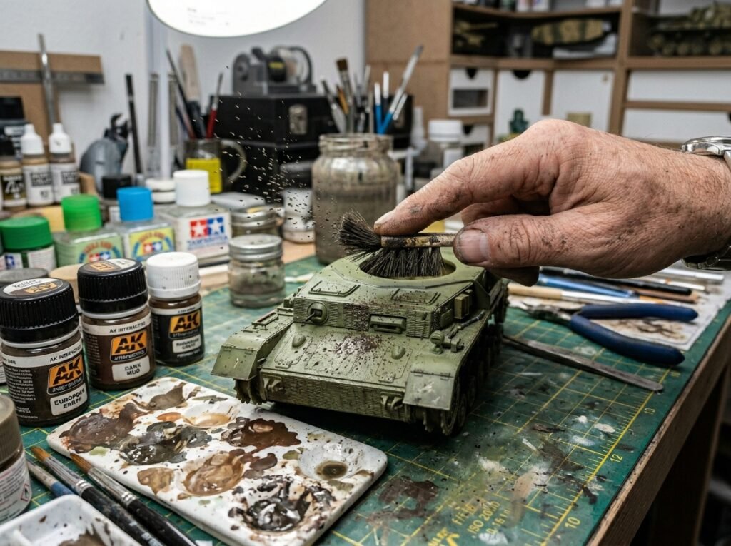 Mão de modelista puxando as cerdas de um pincel com os dedos para salpicar respingos de tinta de lama realista na lateral de um tanque, imitando os efeitos de lama e poeira