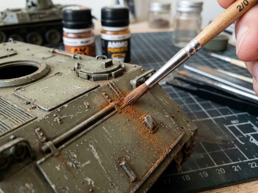 Pincel macio aplicando pigmento em pó de cor ferrugem nos rebites e frestas de um veículo militar em miniatura. efeito de ferrugem