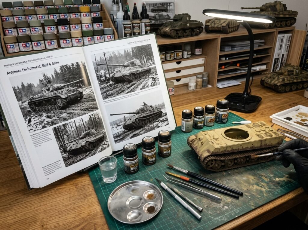Bancada de plastimodelismo com livro de referências históricas de tanques na guerra aberto ao lado de um modelo sendo pintado, para fazer o melhor weathering para tanques