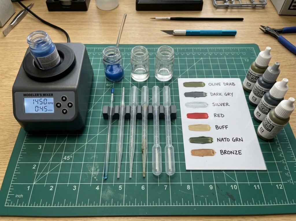 Ferramentas essenciais de modelismo organizadas: pipetas plásticas graduadas, mini agitador de tintas, potes de vidro para mistura e um painel de testes com traços de tinta. Diluir Tintas no Plastimodelismo