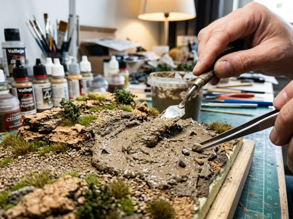 Modelista usando espátula e pinça para aplicar massa de gesso e pequenas pedras reais na topografia do cenário, da base de diorama simples