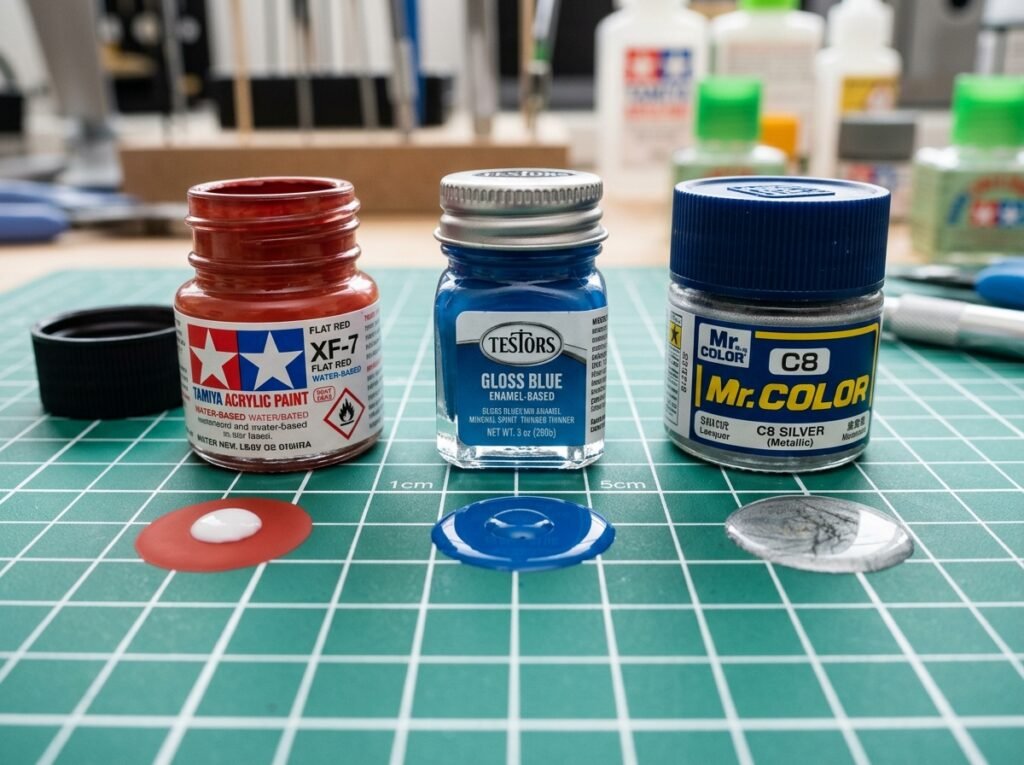 Três frascos de tintas para plastimodelismo (acrílica, esmalte e laca) posicionados lado a lado em uma base de corte, ilustrando as diferenças de base e consistência.