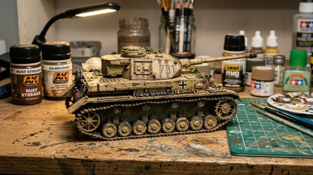 Modelo de tanque de guerra em miniatura com técnicas de envelhecimento, marcas de ferrugem e lama seca sobre bancada de plastimodelismo
